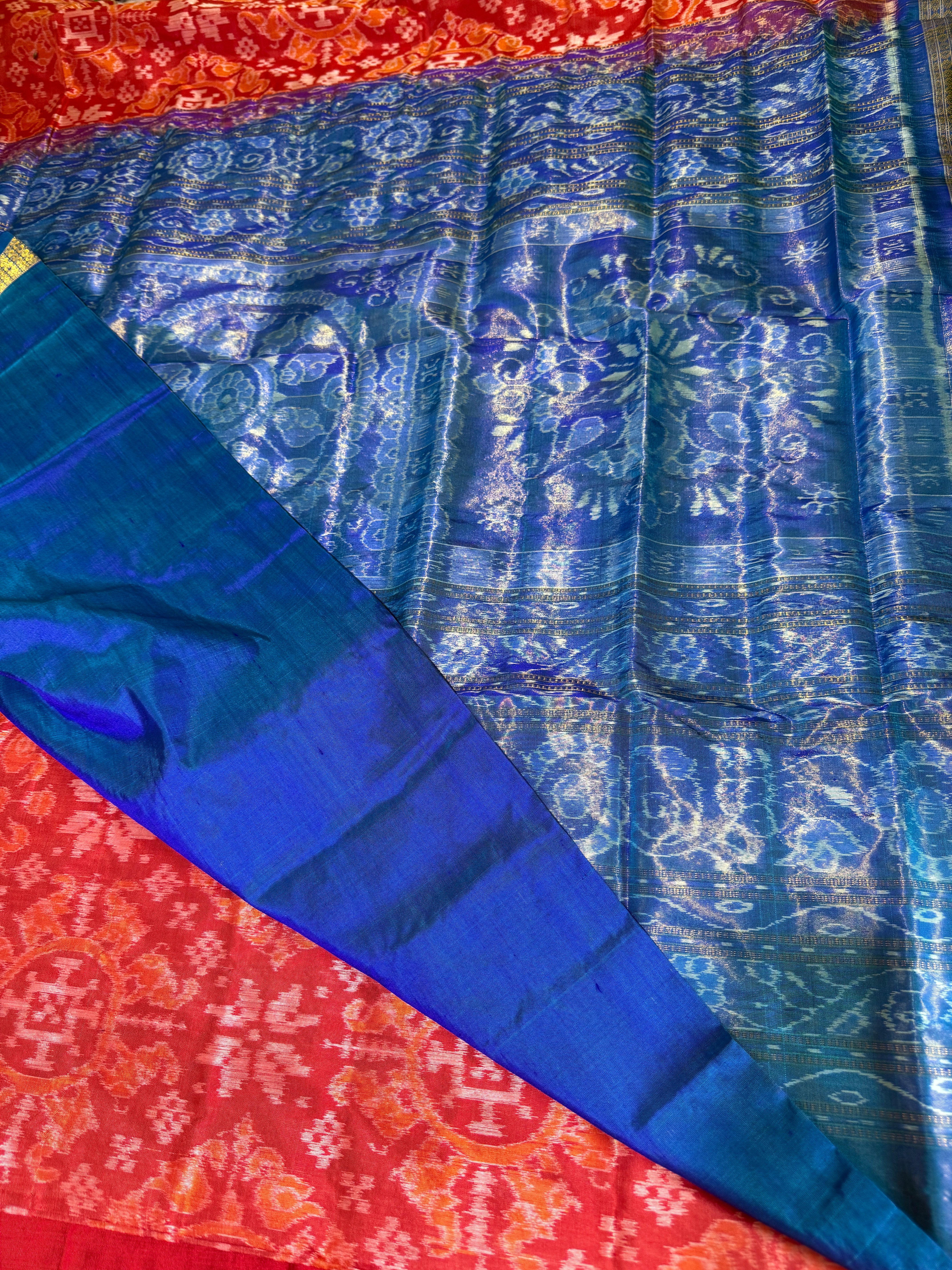Turquoise & Red Mulberry Silk Ikat Saree
