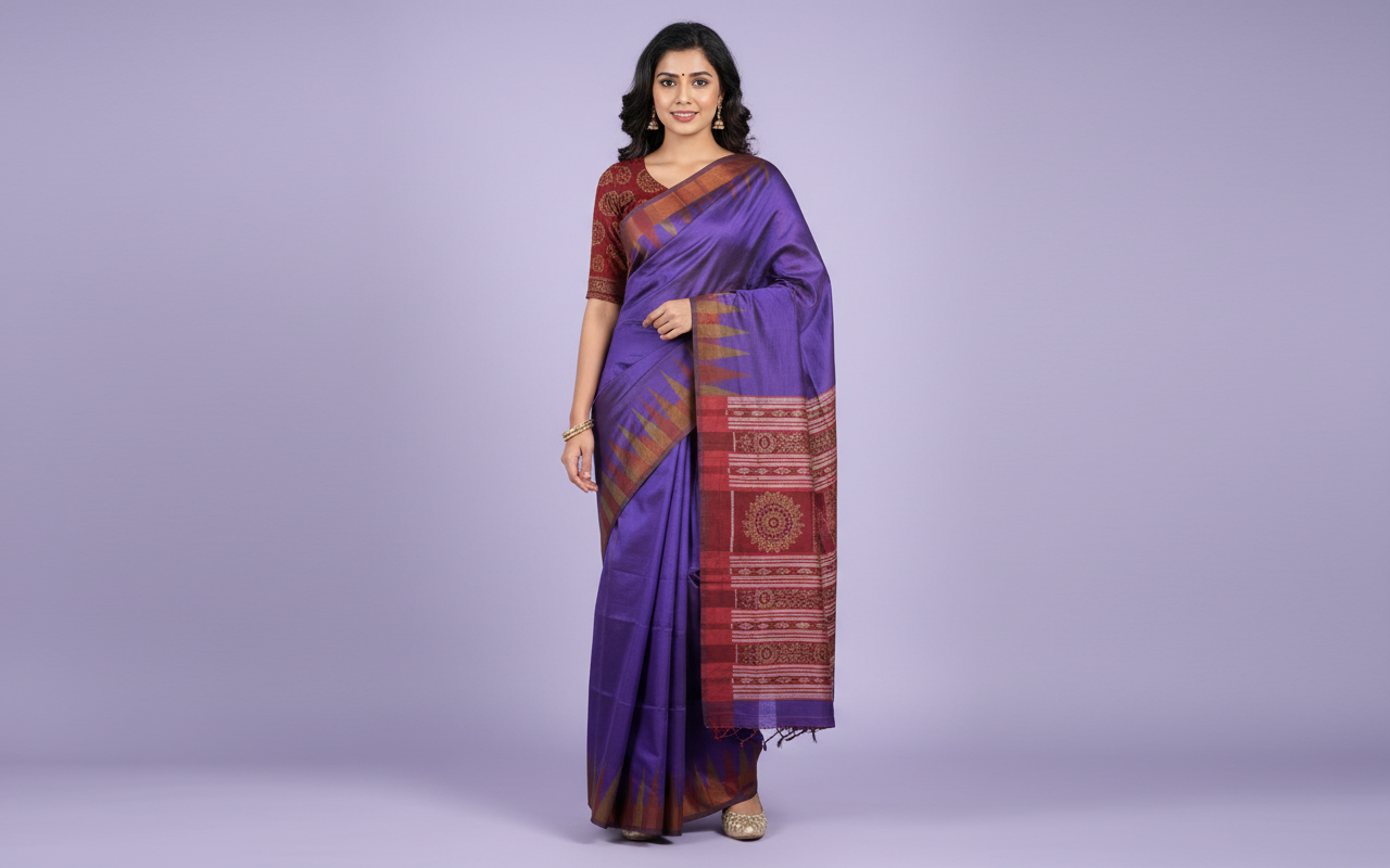 Blue, Turquoise & Maroon Mulberry Silk Ikat Saree