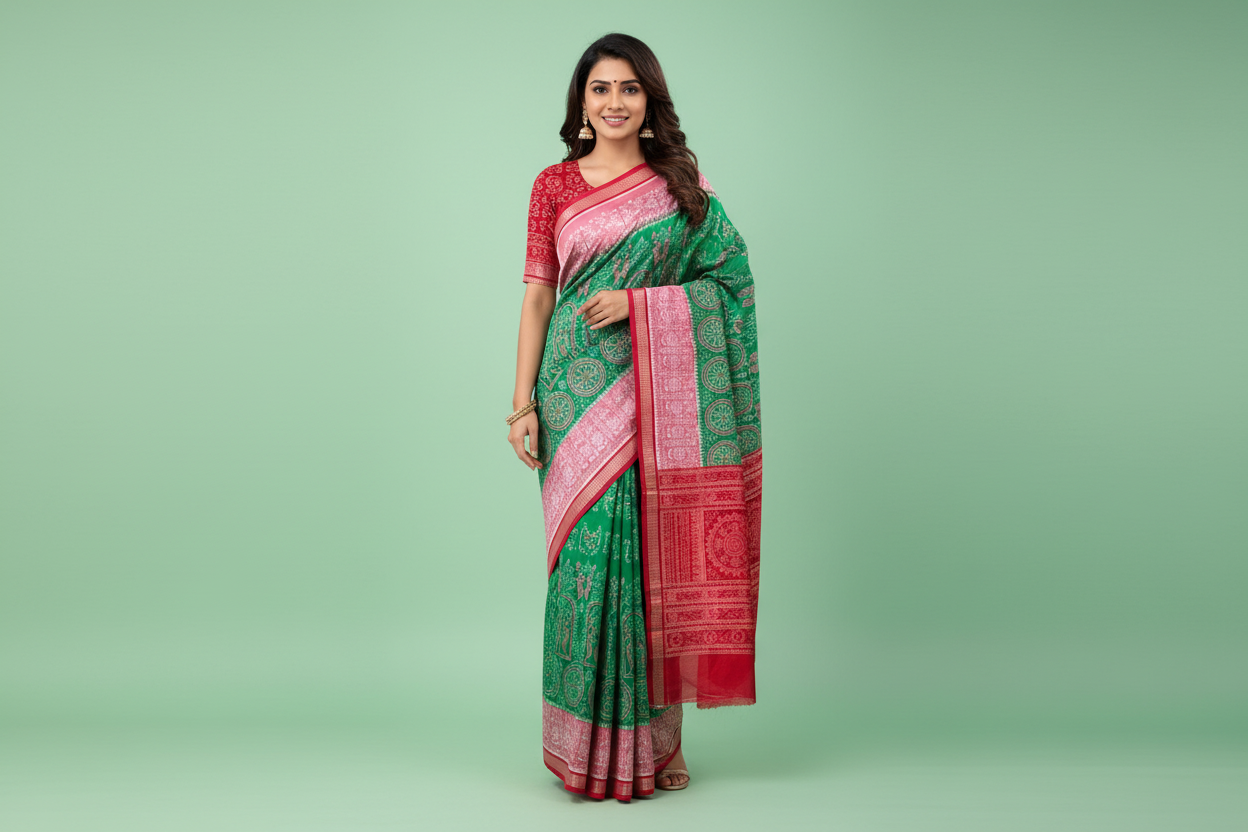 Green & Purple Mulberry Silk Ikat Saree