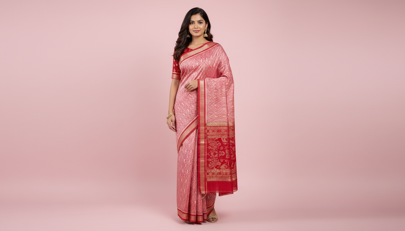 Maroon & Red Betel leaves Mulberry Silk Ikat Saree