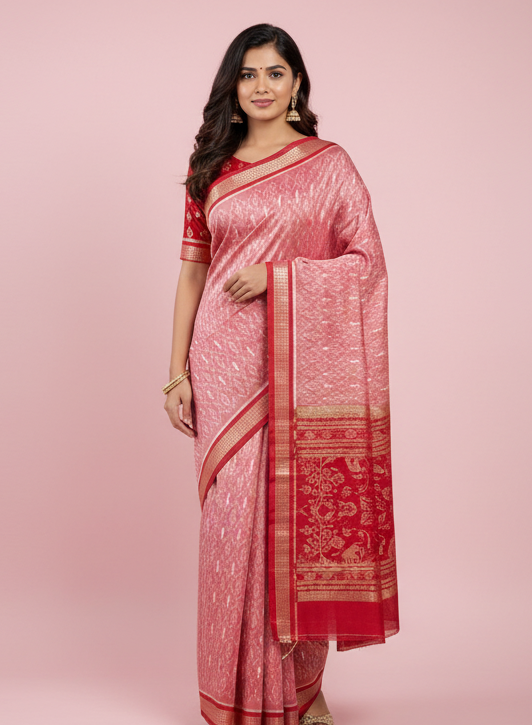 Maroon & Red Betel leaves Mulberry Silk Ikat Saree