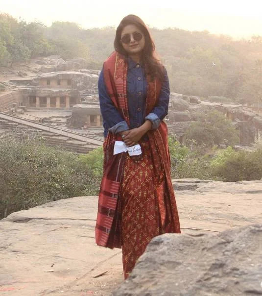 Community living of tribals mulberry silk tie-dye ikat saree