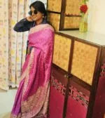 Pink “Apple Ber (Barakoli)” Zardozi Embroidered Saree with “Climate Change: Ice-age: mammoth on melting ice” Blouse