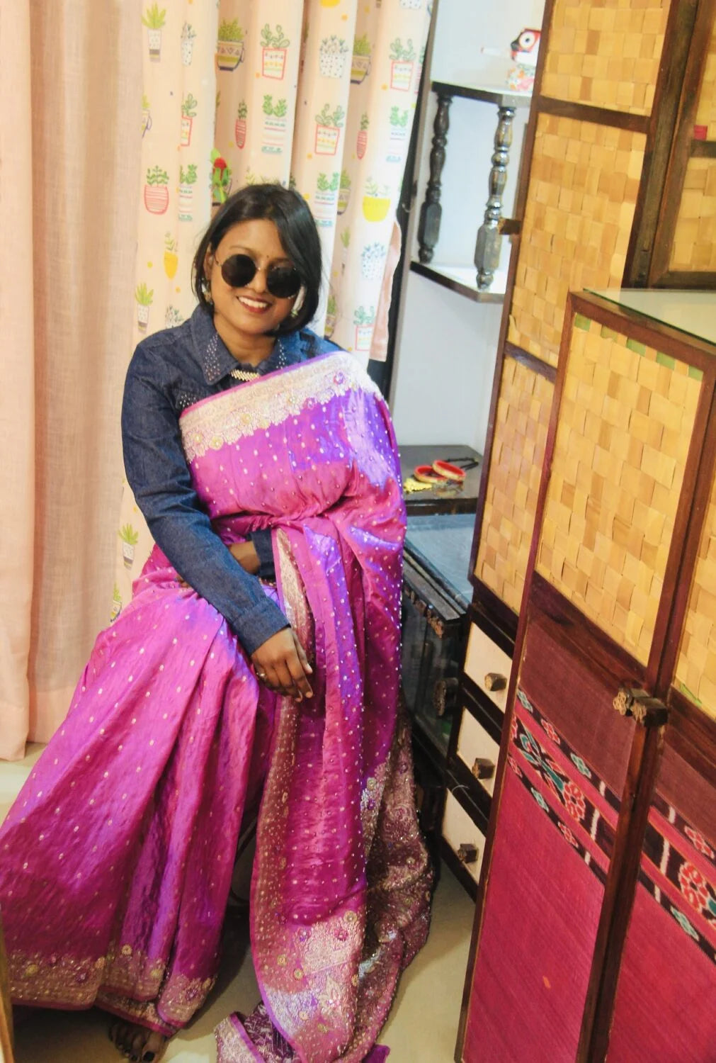 Pink “Apple Ber (Barakoli)” Zardozi Embroidered Saree with “Climate Change: Ice-age: mammoth on melting ice” Blouse