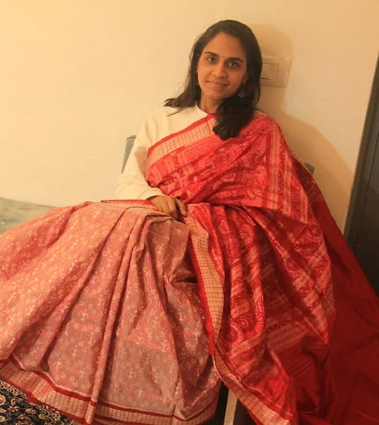 Lovingly Red silver gradient handwoven tie-dye ikat mulberry silk (Binding In unconventional love) saree.