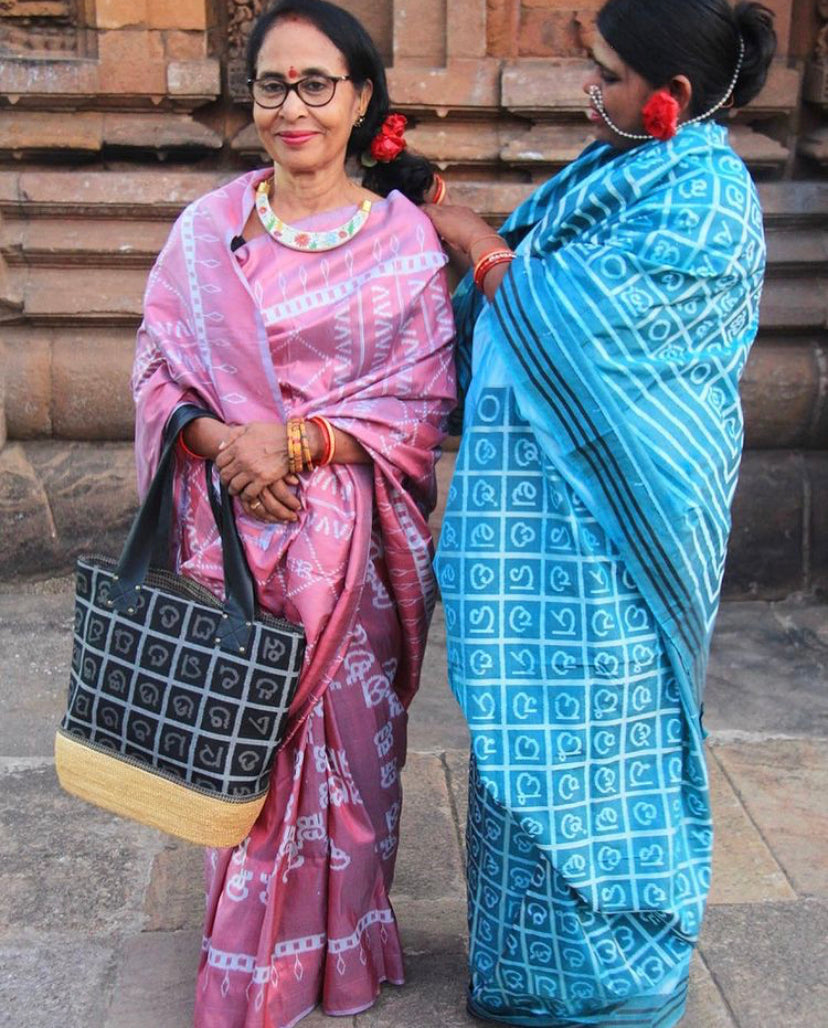 Abstract calligraphy tiedye ikat mulberry silk saree