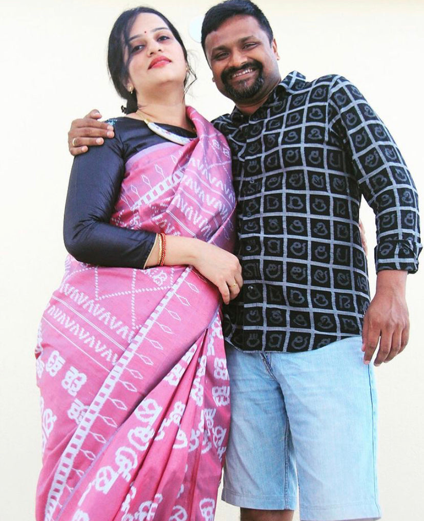 Abstract calligraphy tiedye ikat mulberry silk saree