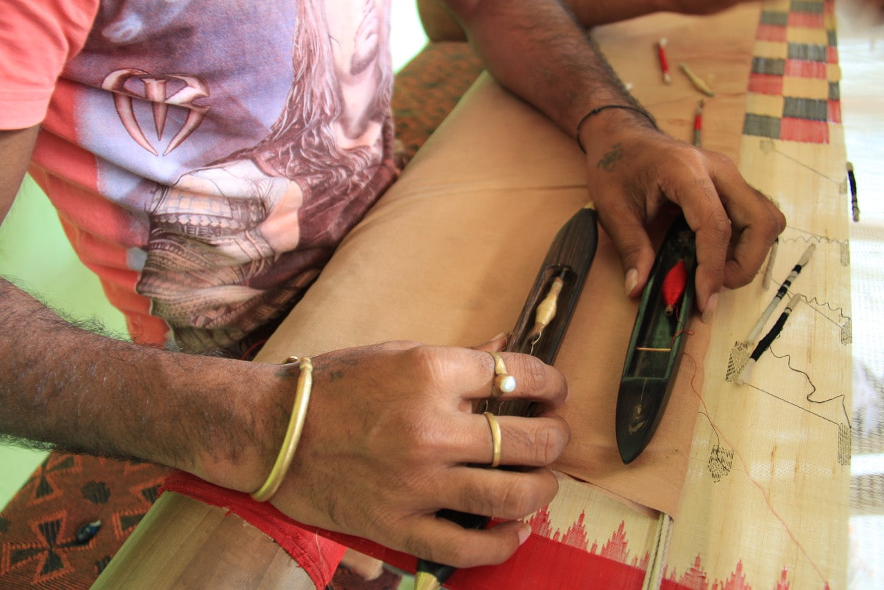 Abstract calligraphy tiedye ikat mulberry silk saree