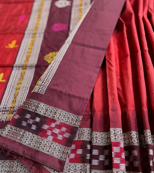 Peacock & Fishes and their true love story mulberry silk tie-dye ikat saree