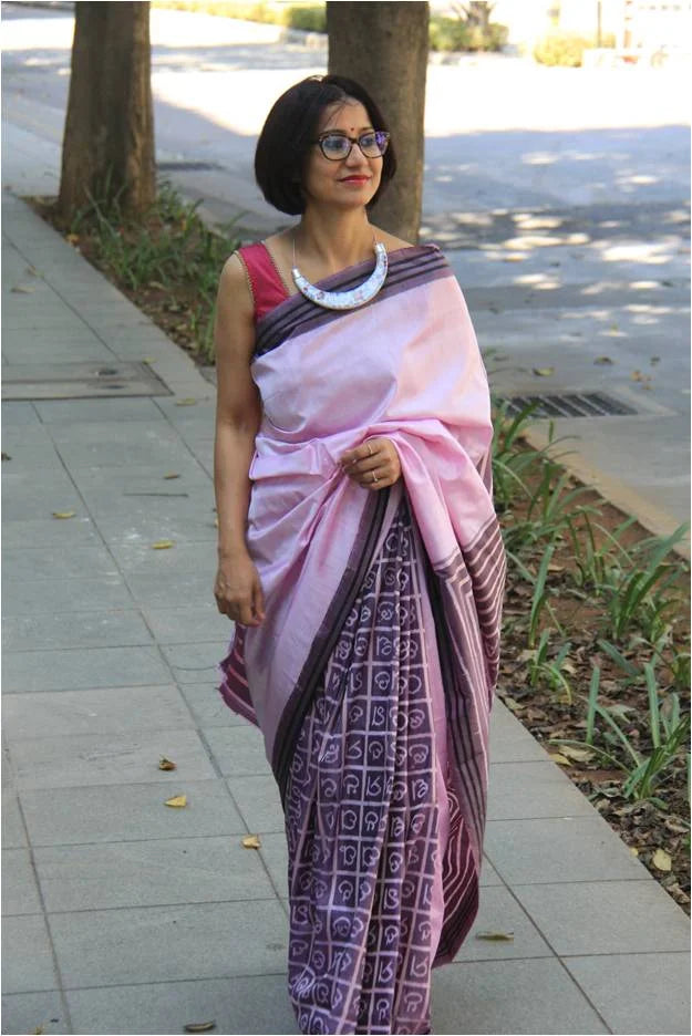 Calligraphy tiedye ikat mulberry silk saree