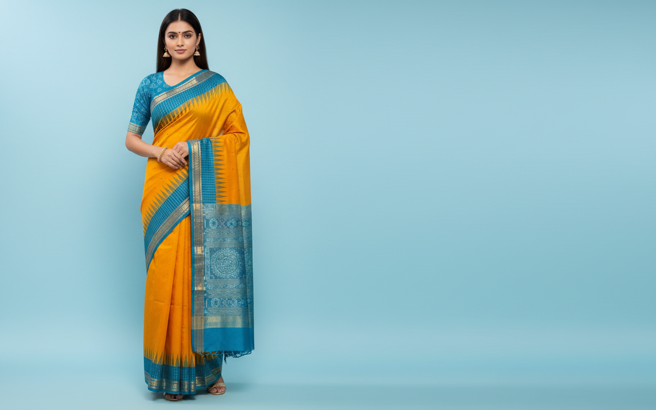 Yellow & Blue Jhoti Mulberry Silk Ikat Saree