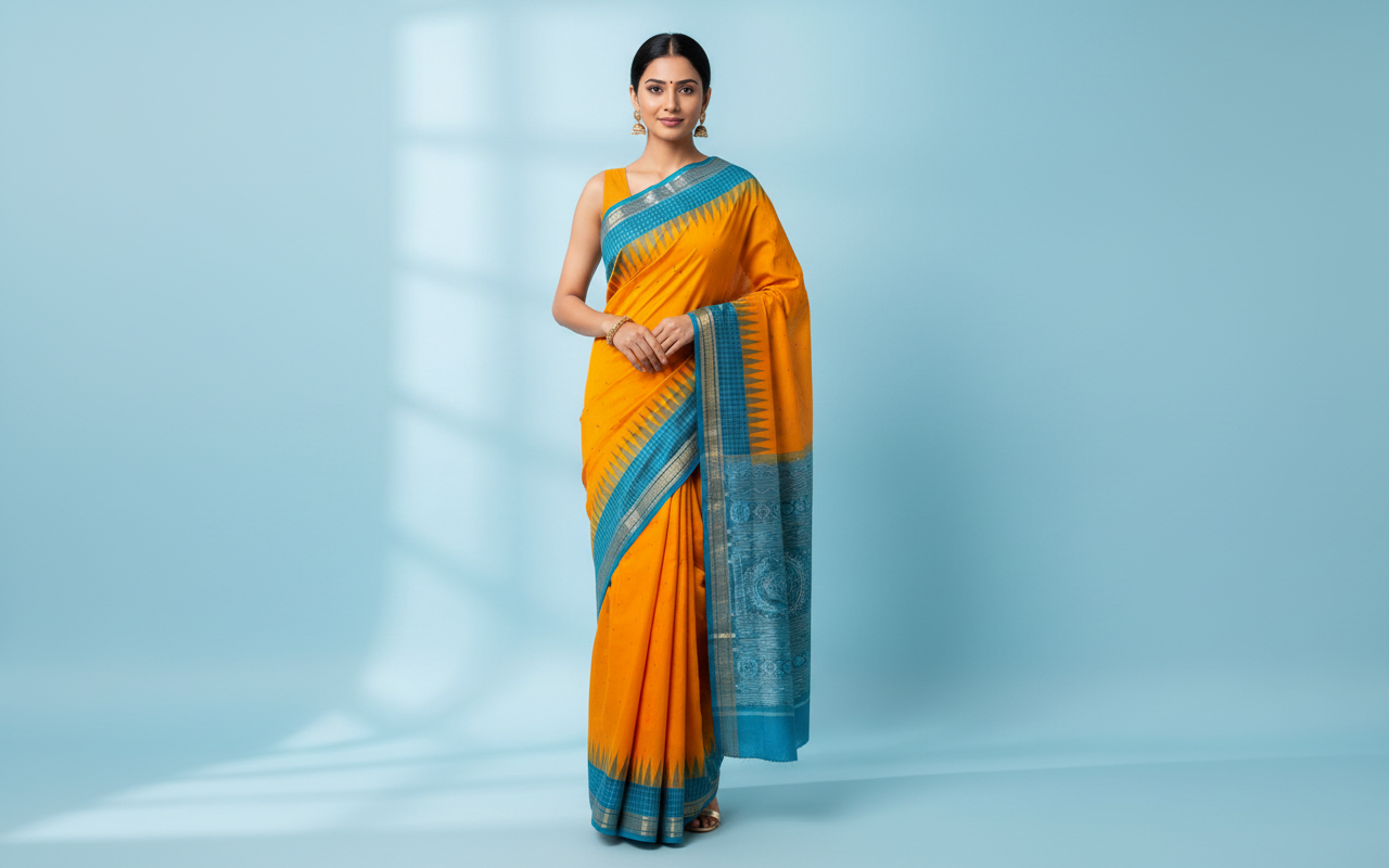 Yellow & Blue Jhoti Mulberry Silk Ikat Saree